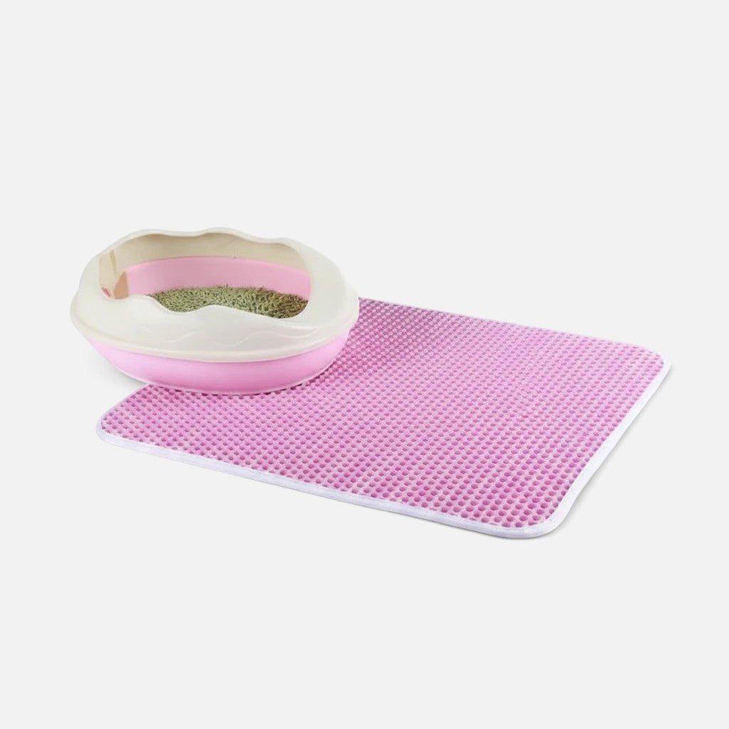 Tailora pink double-layer honeycomb cat litter mat with a matching pink litter box on a white background