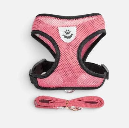 Tailora pink breathable air-mesh step-in vest harness and matching leash set for small dogs and cats