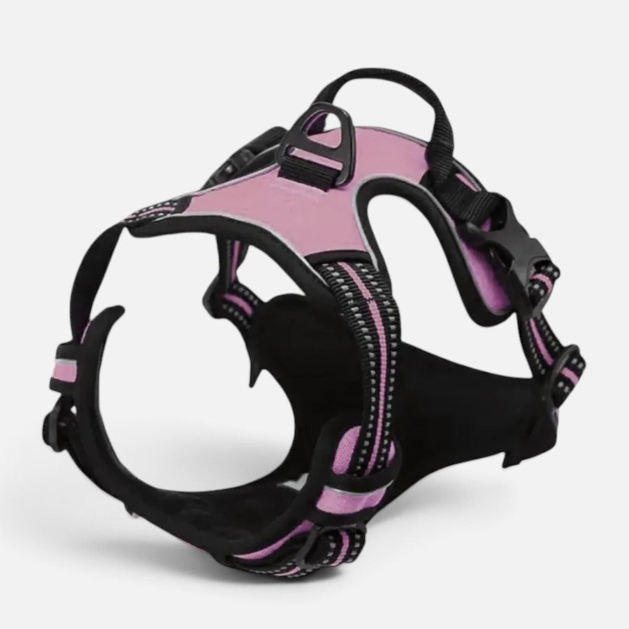Tailora pink heavy-duty no-pull dog harness with reflective trim, top handle, and dual D-ring attachments.
