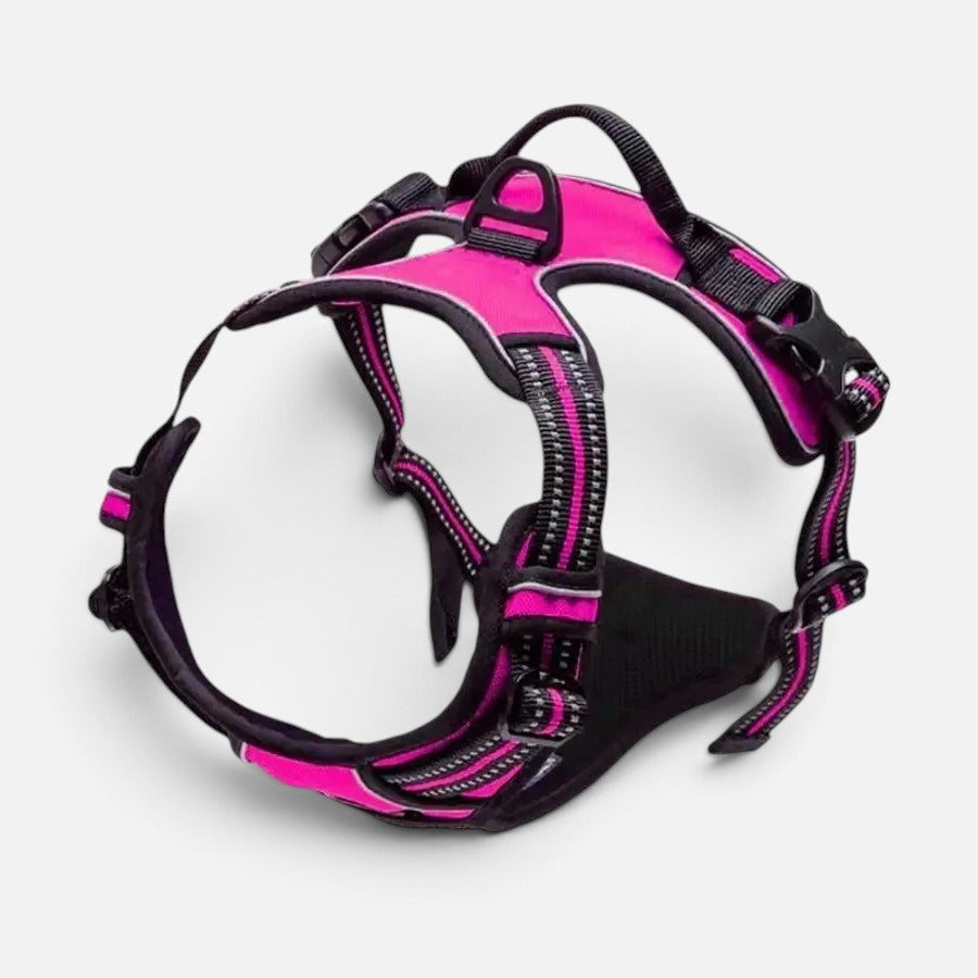 Tailora pink no-pull dog harness with reflective trim, top handle, and adjustable straps on a white background.