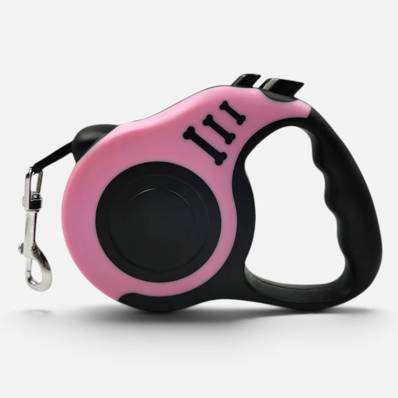 Tailora automatic retractable dog leash in pink and black with an ergonomic handle and metal swivel hook