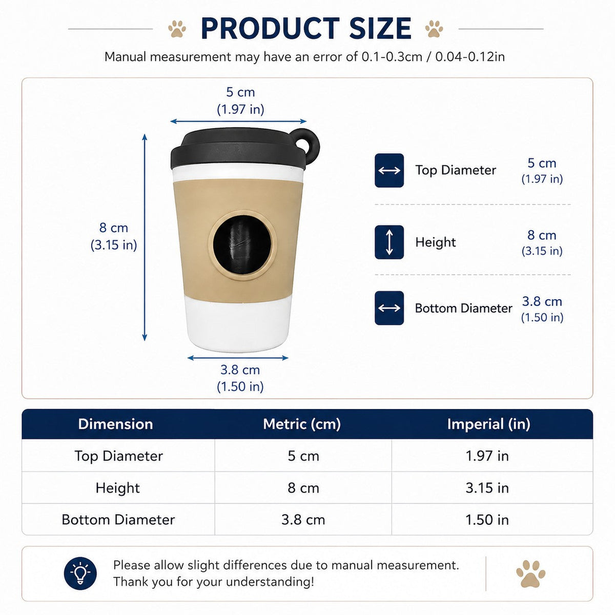 Tailora portable dog poop bag dispenser cup with dimensions shown in centimeters and inches on a white background