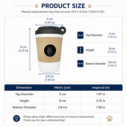 Tailora portable dog poop bag dispenser cup with dimensions shown in centimeters and inches on a white background
