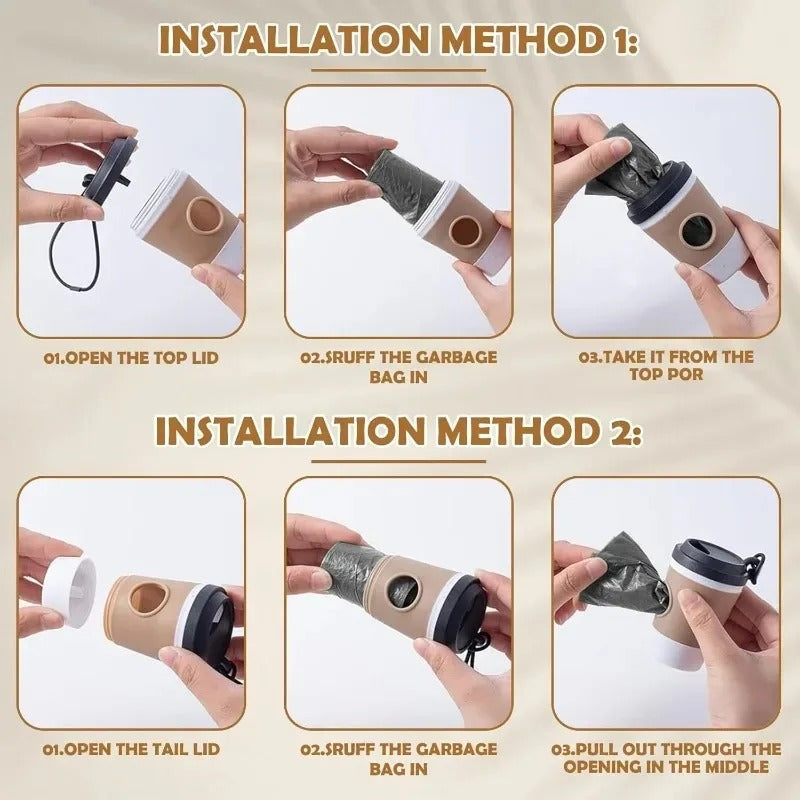 Tailora portable poop bag dispenser cup installation guide showing two methods for loading waste bag rolls