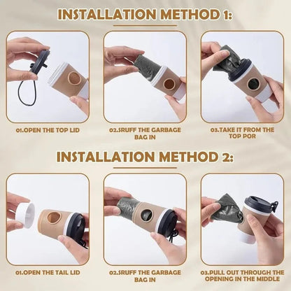 Tailora portable poop bag dispenser cup installation guide showing two methods for loading waste bag rolls