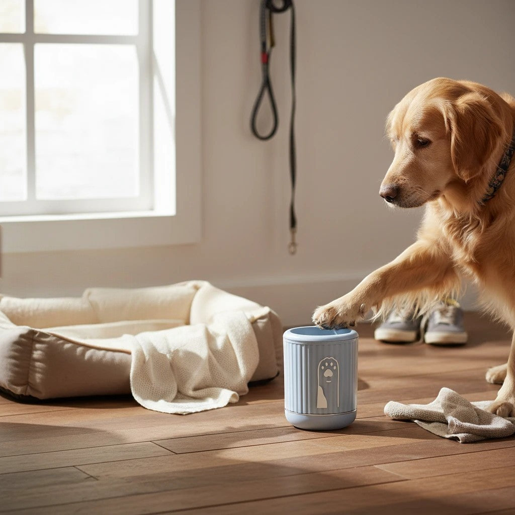Tailora portable paw washer cup in light blue being used by a golden retriever to clean its muddy paw indoors