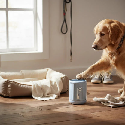 Tailora portable paw washer cup in light blue being used by a golden retriever to clean its muddy paw indoors