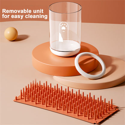 Tailora portable paw washer disassembled with clear cup, white ring, and orange silicone bristle insert for cleaning