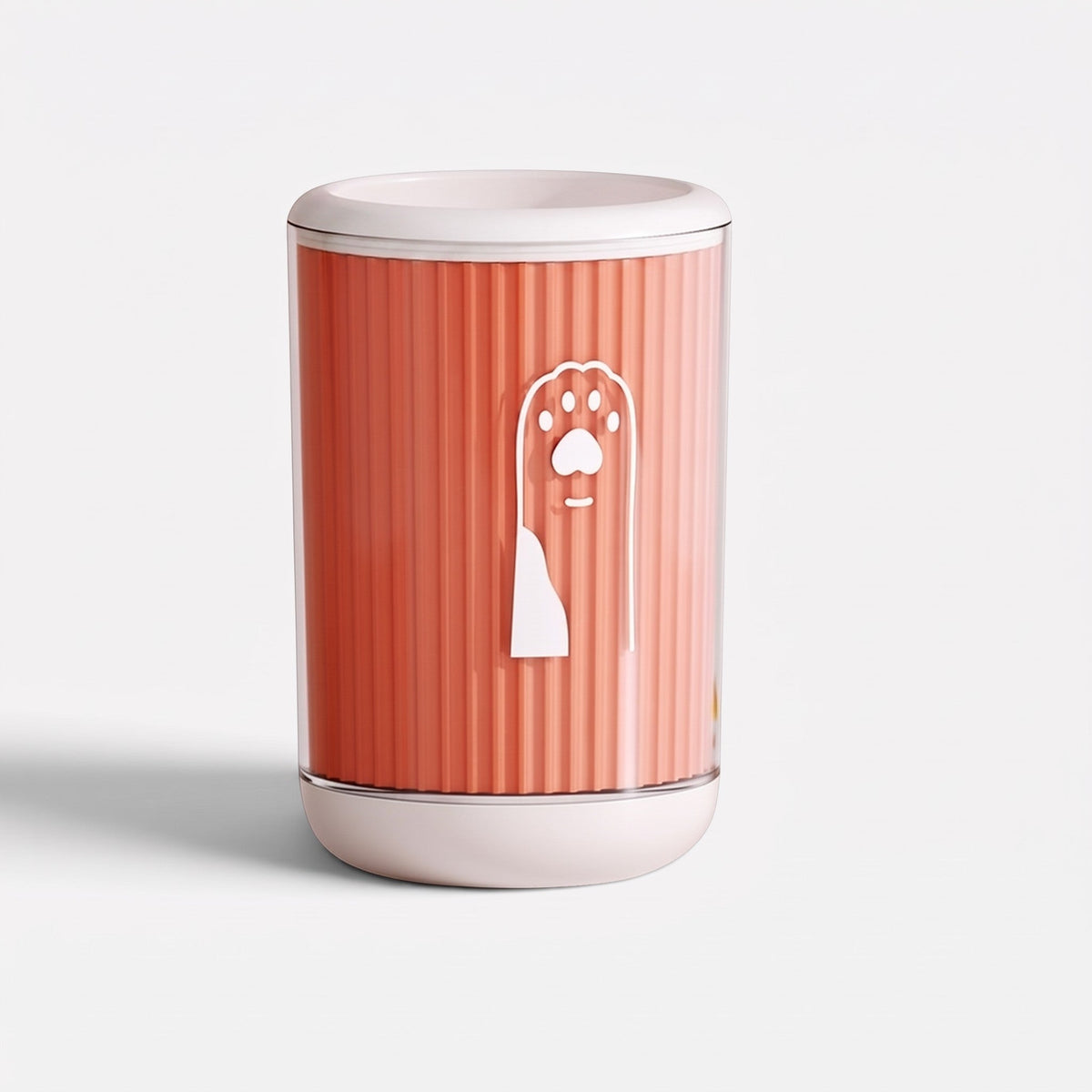 Tailora portable paw washer cup in coral orange with a white paw print icon and ribbed texture design
