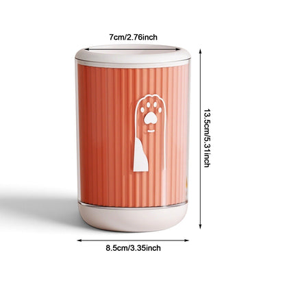 Tailora portable paw washer cup in orange with white paw print detail and dimensions for pet grooming