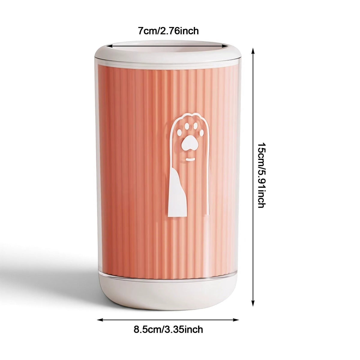 Tailora portable paw washer cup in peach with white trim and a paw print icon, featuring soft internal bristles.