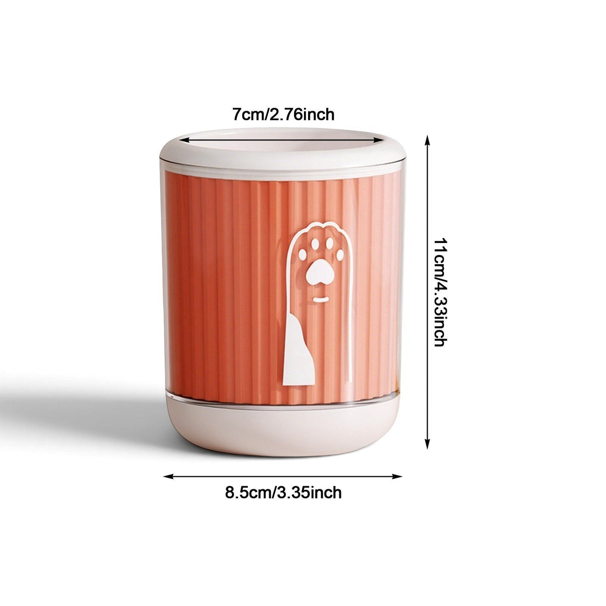 Tailora portable paw washer cup in orange with white paw print detail, featuring dimensions for pet grooming.