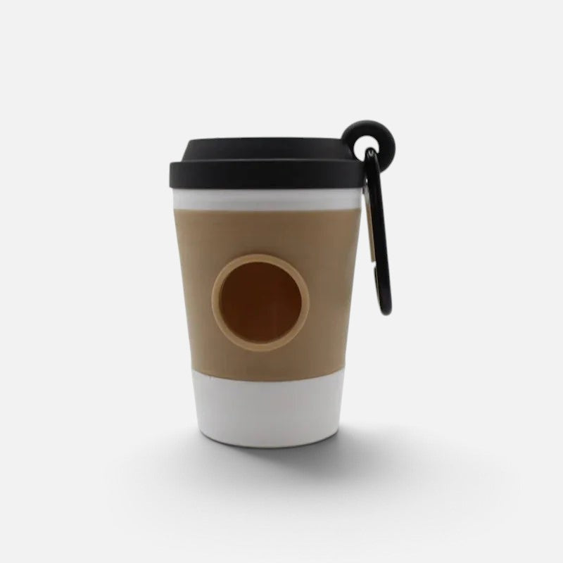 Tailora portable dog poop bag dispenser designed as a beige and white coffee cup with a black lid and carabiner clip