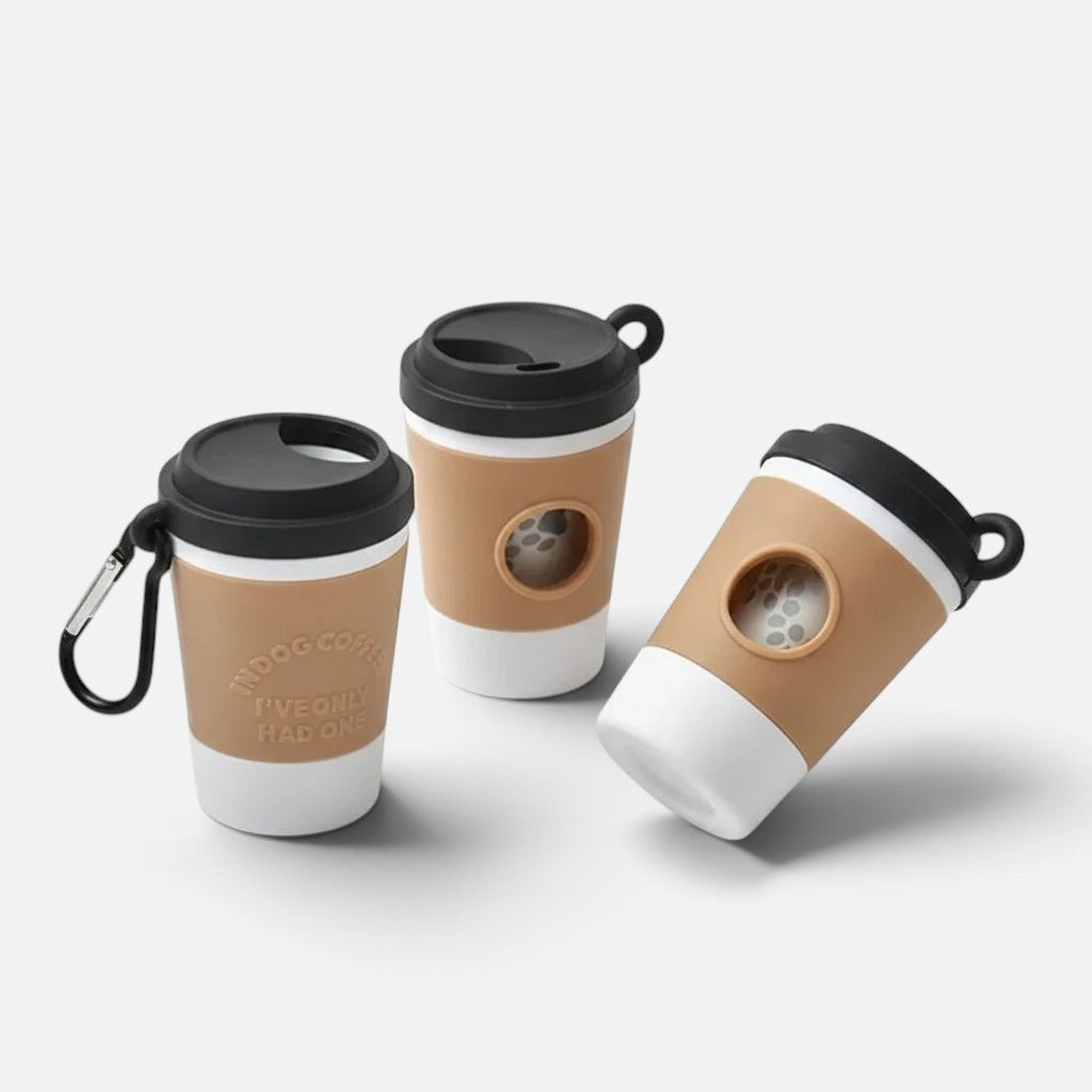 Three Tailora portable dog poop bag dispensers shaped like coffee cups with black lids and bag release slots.
