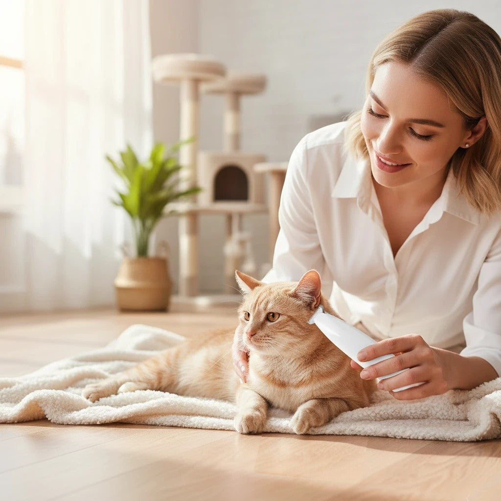 A woman using a white Tailora precision pet trimmer to groom an orange cat on a soft blanket in a bright room.