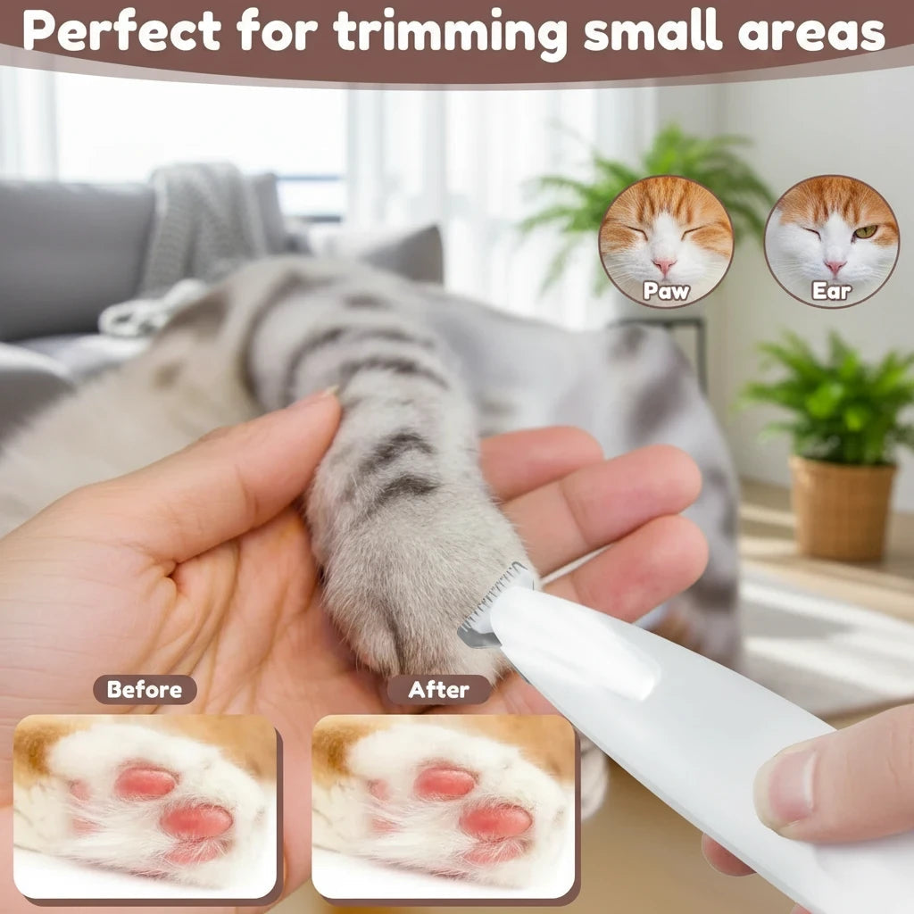 Tailora precision pet trimmer grooming a cat paw with before and after views for safe, detailed hair removal
