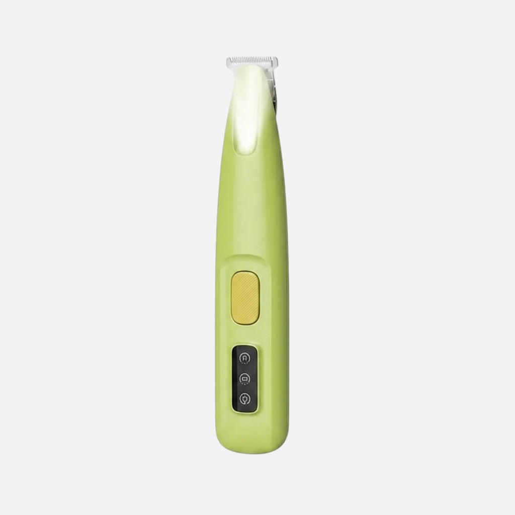 Tailora green cordless pet trimmer with built-in LED light and narrow stainless steel blade for precision grooming.