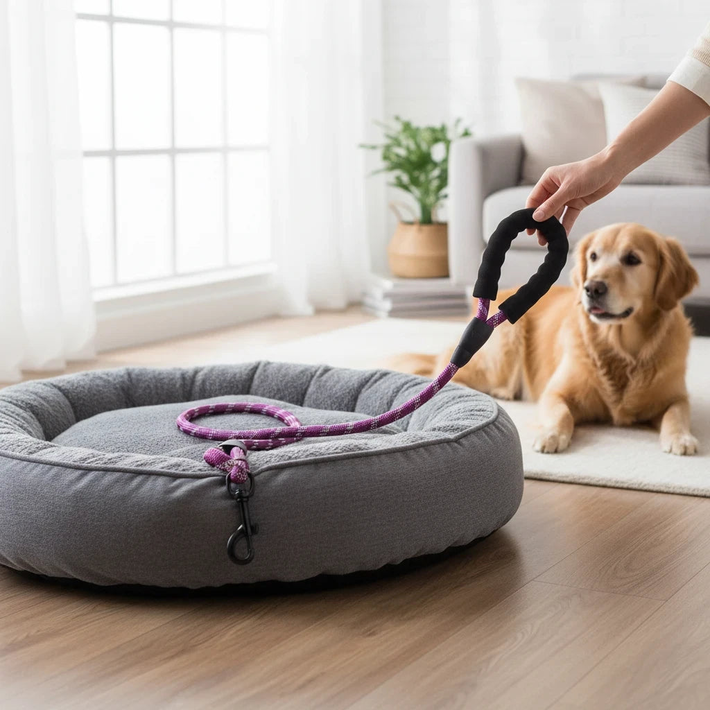 Tailora purple reflective dog leash with a soft black padded handle held by a person near a dog on a bed