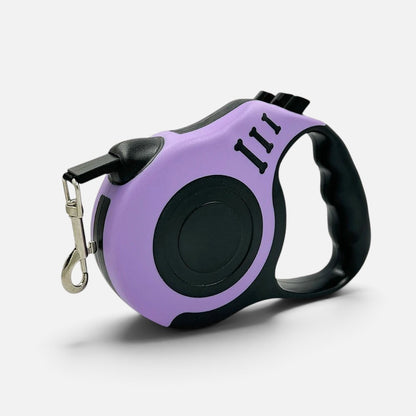 Tailora purple and black automatic retractable dog leash with an ergonomic handle and metal swivel hook