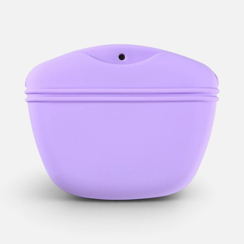 Tailora purple silicone dog treat training pouch with a built-in waste bag dispenser port.