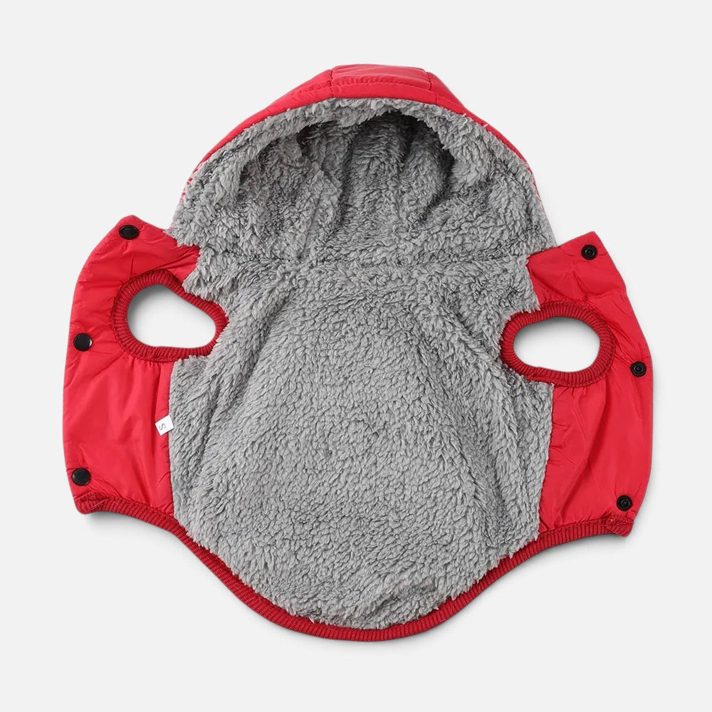 Tailora red winter dog hoodie with a grey faux-fleece lining, featuring a hood and snap-button closures.