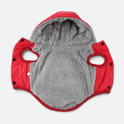 Tailora red winter dog hoodie with a grey faux-fleece lining, featuring a hood and snap-button closures.