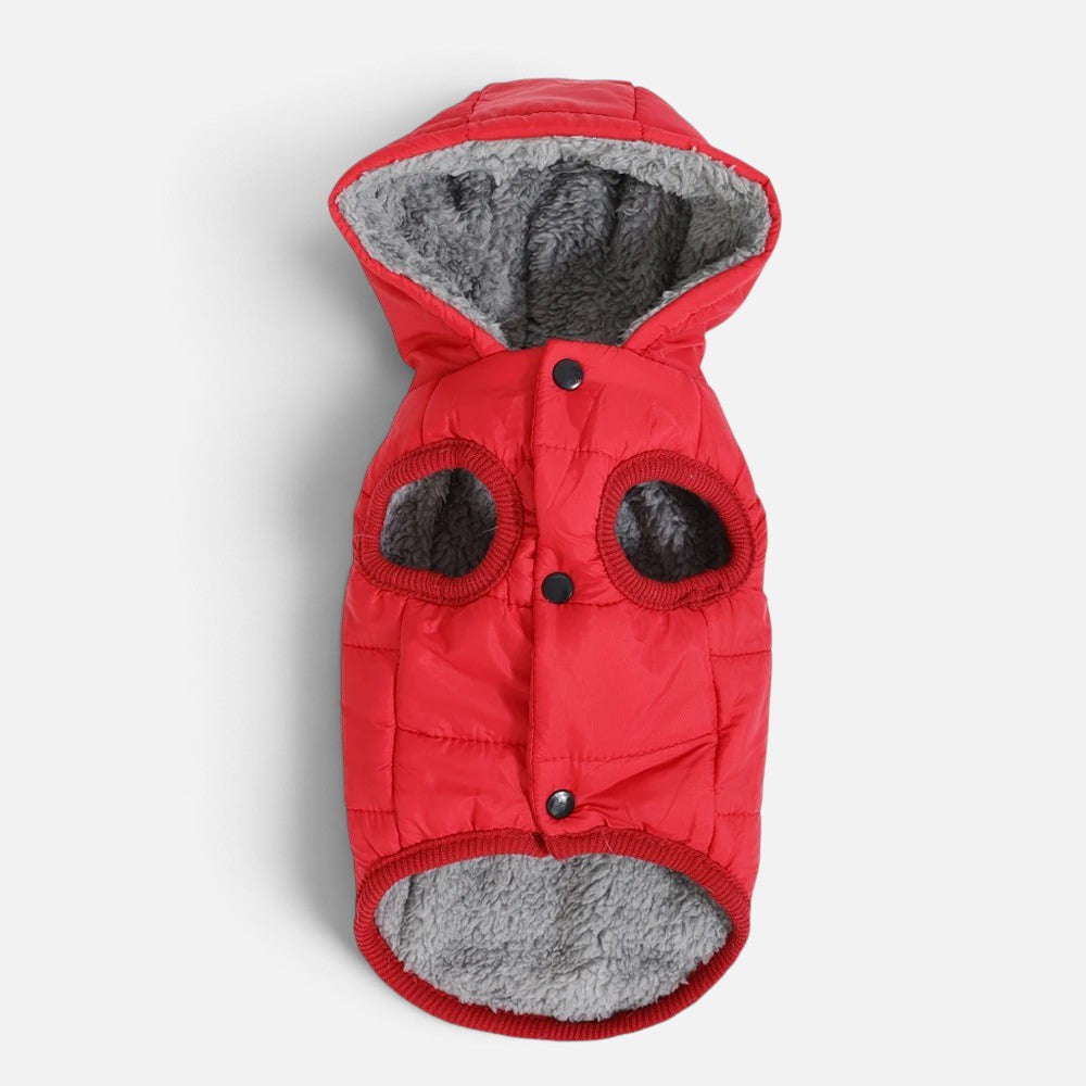 Tailora red quilted dog hoodie with soft grey fleece lining and front snap button closure for winter warmth