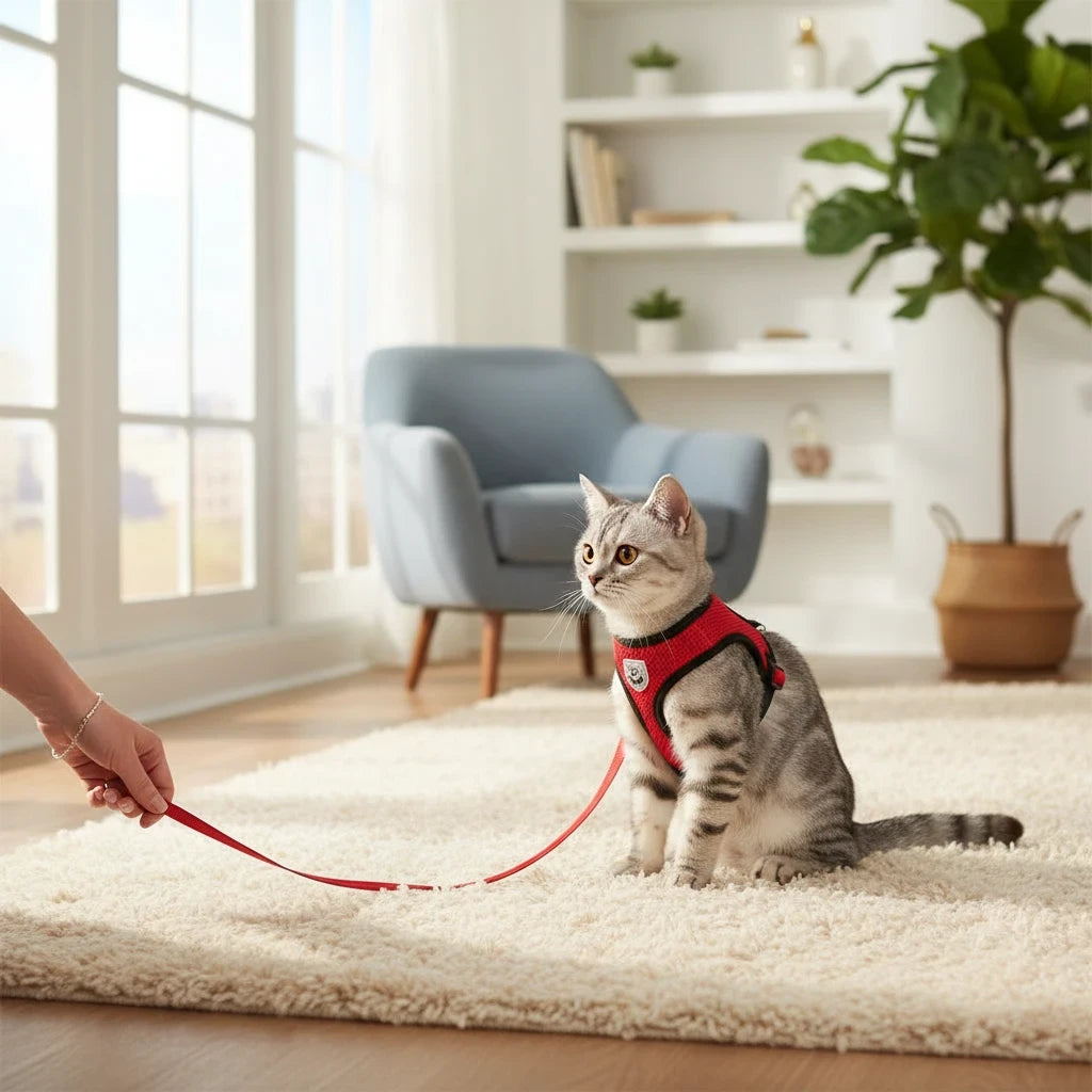 Tailora cat wearing a red breathable mesh step-in harness and matching leash in a bright living room