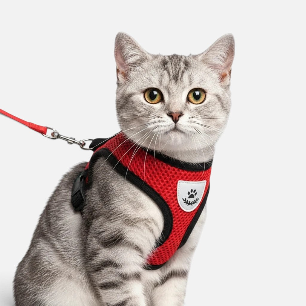 Tailora red breathable air-mesh step-in harness and matching leash on a grey tabby cat