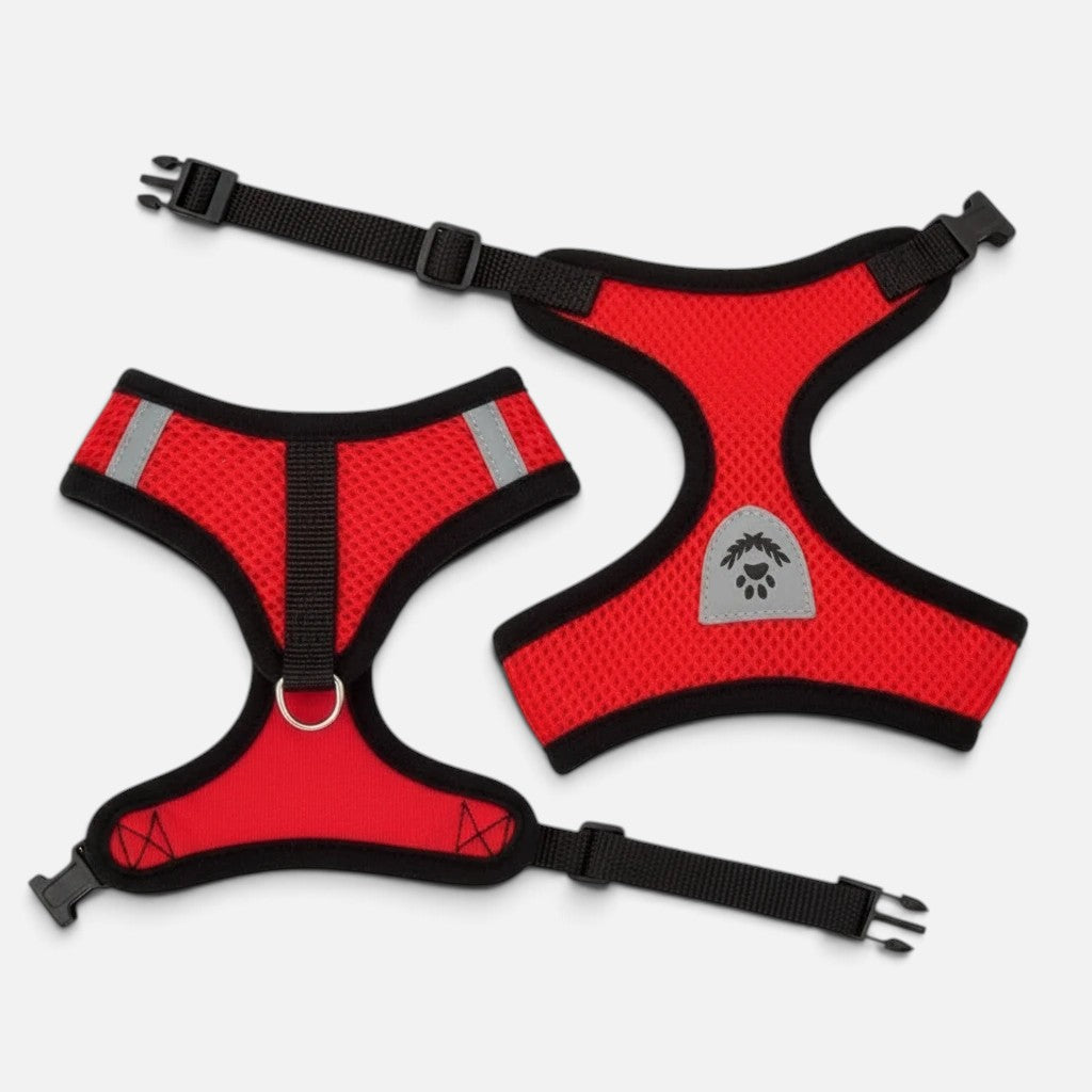 Tailora red breathable mesh step-in harness for small dogs and cats with reflective paw print detail and secure buckles