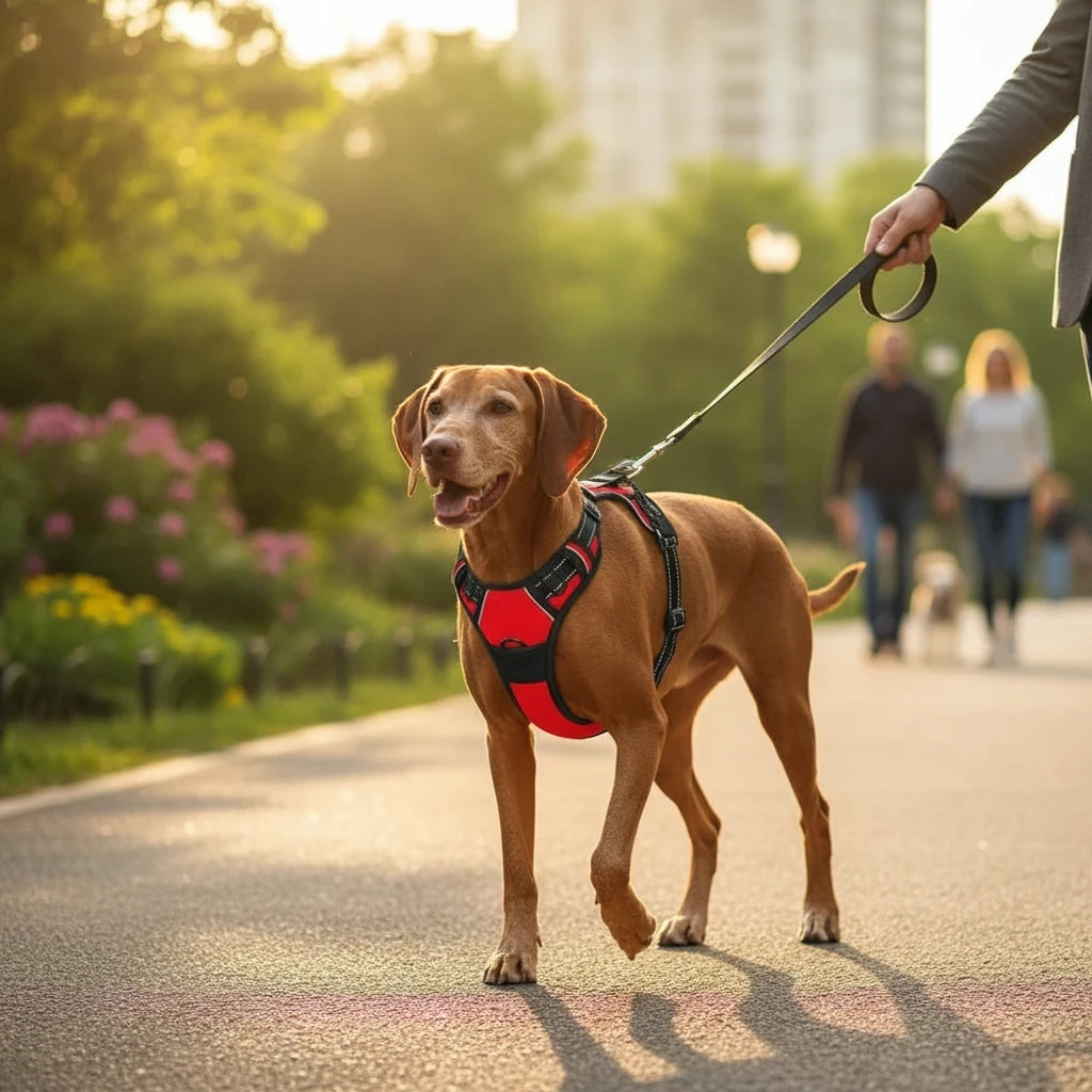 Tailora red heavy-duty no-pull dog harness on a brown dog walking in a park with reflective trim and top handle