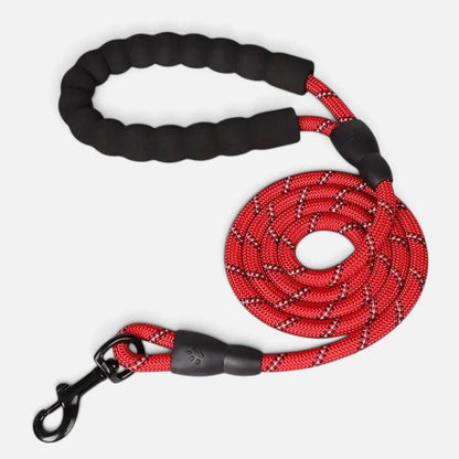 Tailora red heavy-duty dog leash with reflective threads and a soft black neoprene padded handle on a white background.