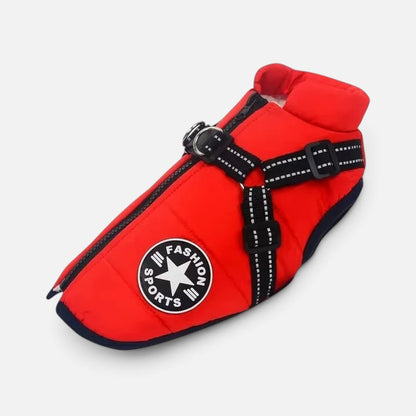 Tailora red waterproof winter dog jacket with integrated harness, reflective straps, and back zipper closure.