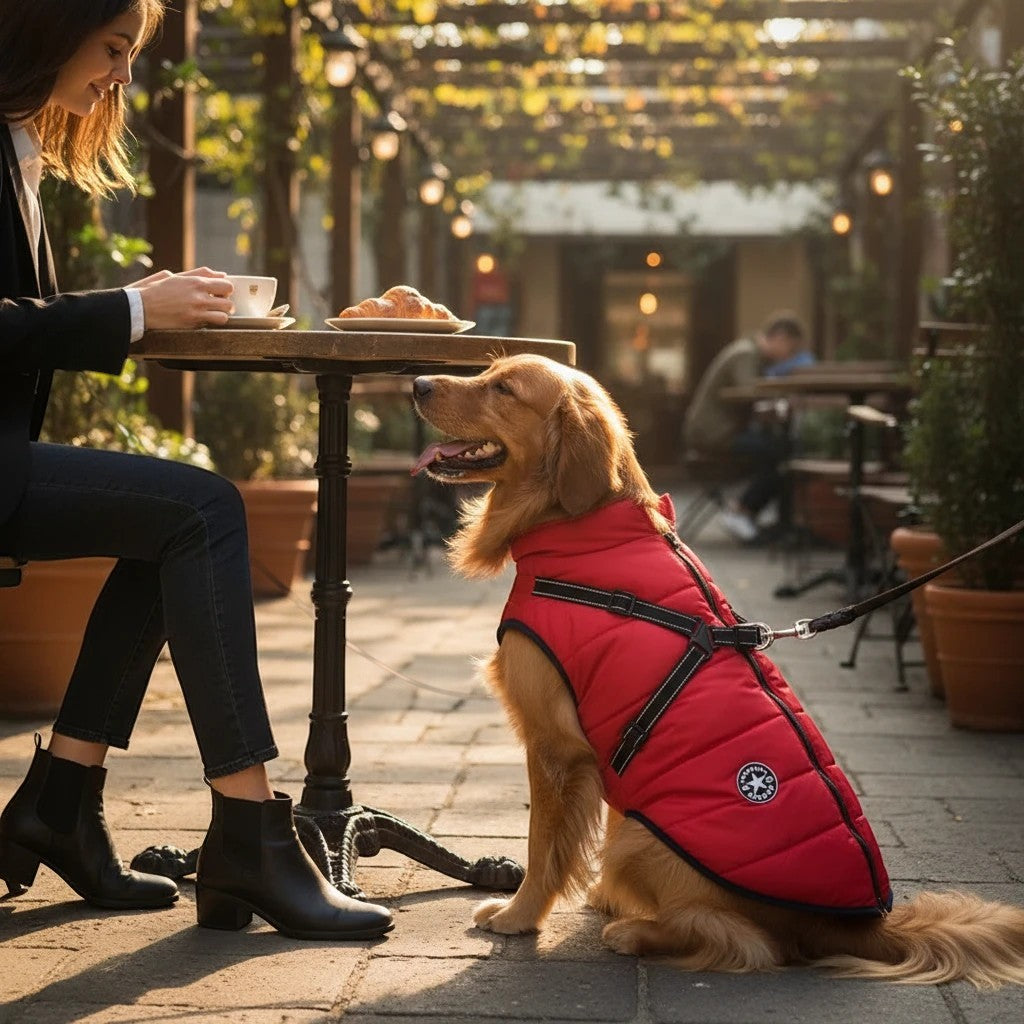 A golden retriever wearing a red Tailora winter dog jacket with an integrated harness, sitting by a cafe table.