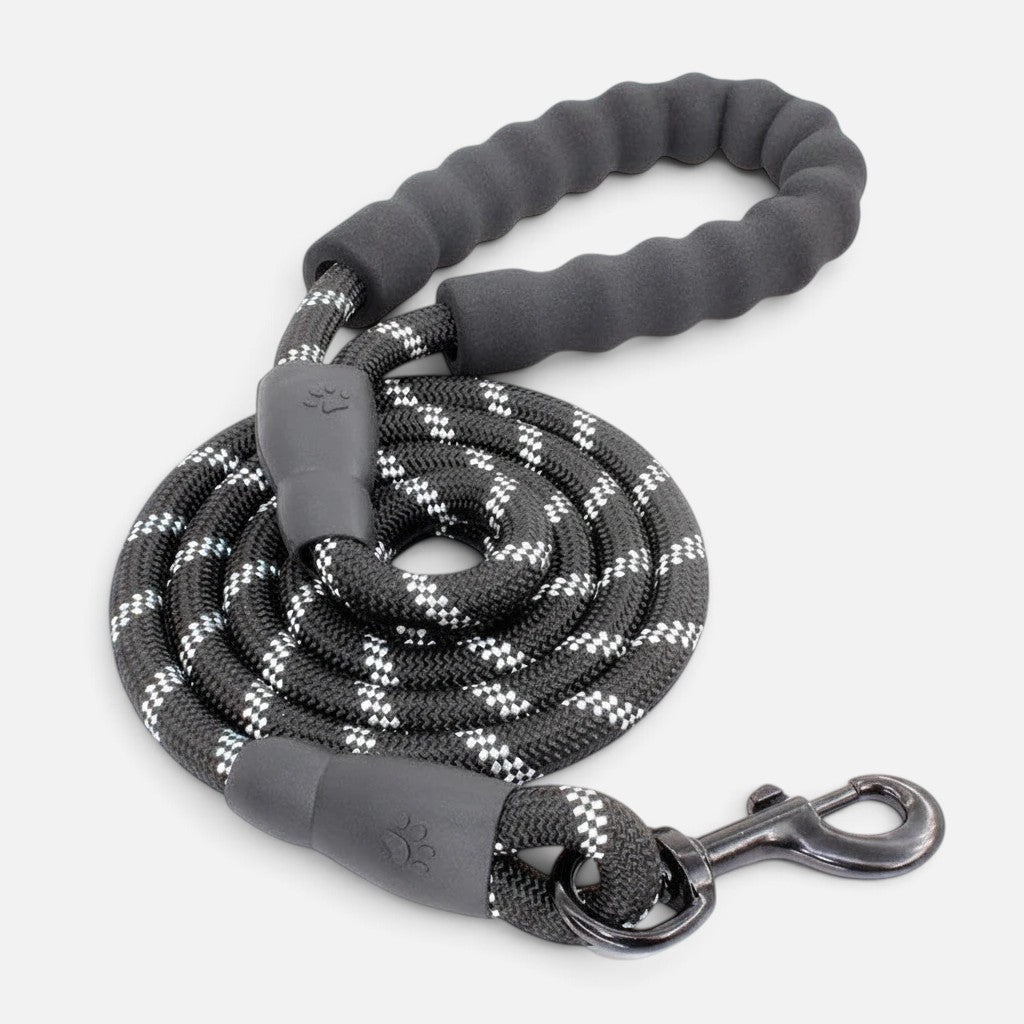 Tailora black and white reflective dog leash with a soft neoprene padded handle and heavy-duty metal clasp.