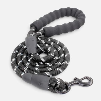 Tailora black and white reflective dog leash with a soft neoprene padded handle and heavy-duty metal clasp.