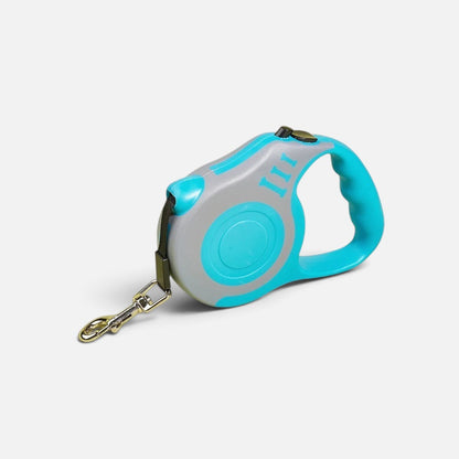 Tailora automatic retractable dog leash in blue and grey with an ergonomic handle and metal swivel hook