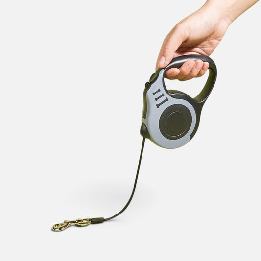 Tailora automatic retractable dog leash with a grey and black ergonomic handle and metal swivel hook