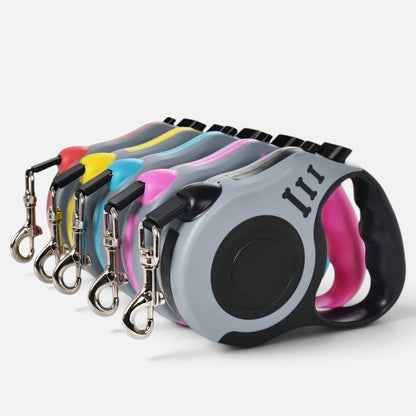 Tailora automatic retractable dog leashes in grey with pink, blue, yellow, and red ergonomic handles