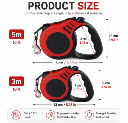 Tailora automatic retractable dog leash in red and black showing size dimensions for 3m and 5m length options