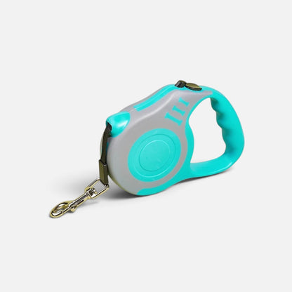Tailora automatic retractable dog leash in teal and grey with a durable nylon tape and metal swivel hook