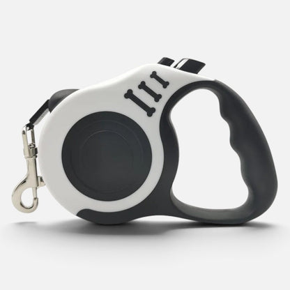 Tailora automatic retractable dog leash in white and black with an ergonomic handle and durable metal swivel hook