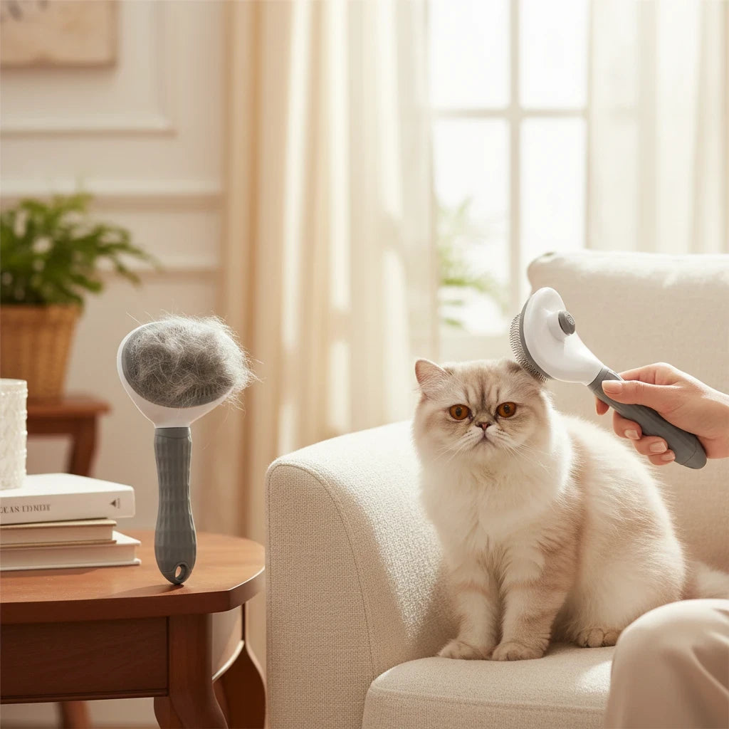 Tailora self-cleaning slicker brush grooming a fluffy cat, showing a second brush with collected fur on a side table.