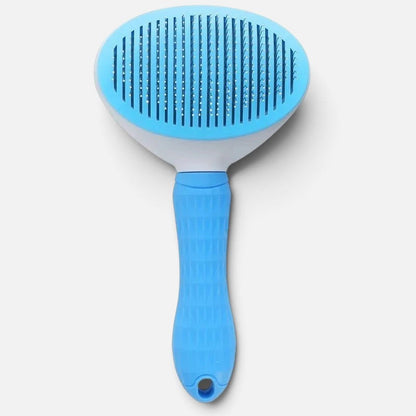 Tailora self-cleaning slicker brush with blue ergonomic handle and stainless steel bristles for dogs and cats