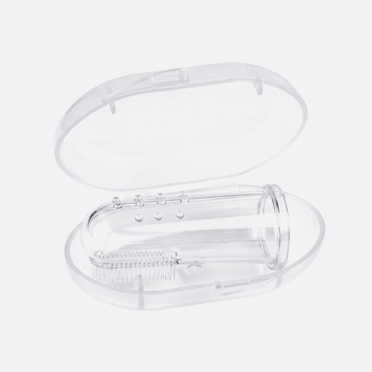 Tailora soft silicone finger toothbrush with dual-sided bristles and massage bumps inside a clear protective case.