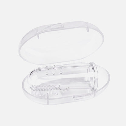 Tailora soft silicone finger toothbrush with dual-sided bristles and massage bumps inside a clear protective case.