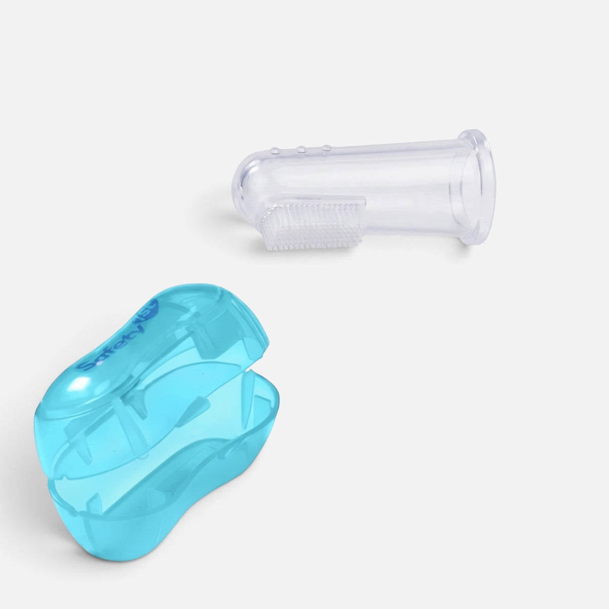 Tailora soft silicone finger toothbrush with dual-sided bristles and a protective blue storage case for pet dental care.