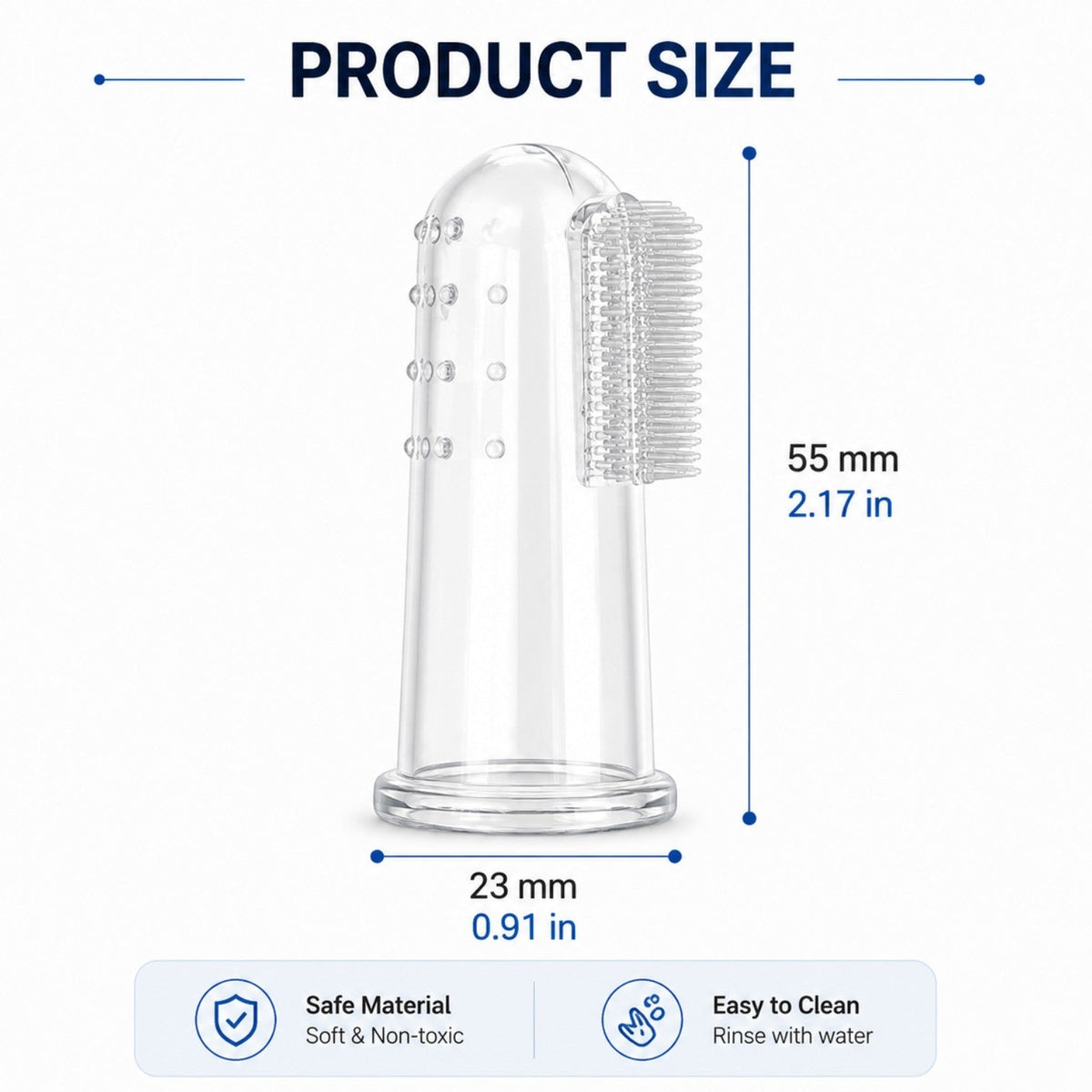 Tailora soft silicone finger toothbrush with dimensions 55mm by 23mm, featuring dual-sided bristles and massage bumps.
