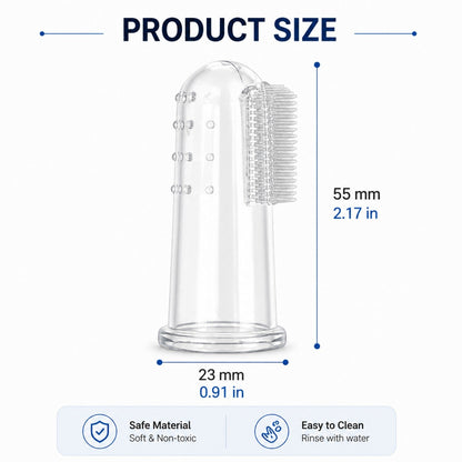 Tailora soft silicone finger toothbrush with dimensions 55mm by 23mm, featuring dual-sided bristles and massage bumps.