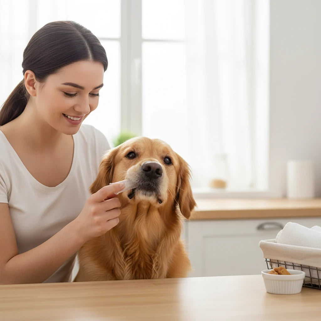 Tailora woman brushing a golden retriever's teeth with a soft silicone finger toothbrush in a bright kitchen